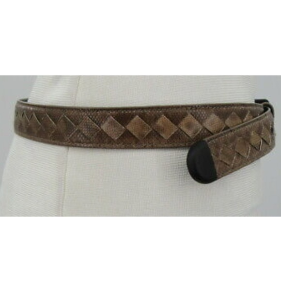 Bottega Veneta Brown Leather Intrecciato Weave Snake Embossed Belt main image 4
